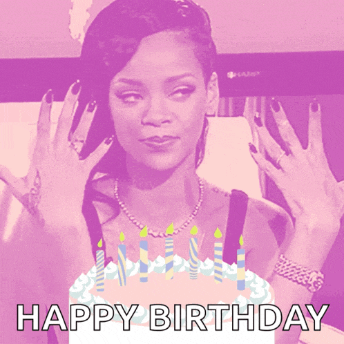 a happy birthday card with a woman holding a cake with candles