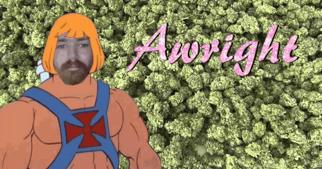 a cartoon of a man with a beard is standing in front of a pile of marijuana with the name awright written in pink