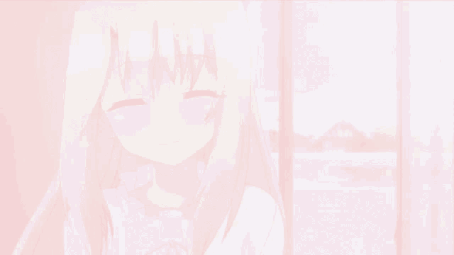 a girl with long blonde hair is standing in front of a window with her eyes closed