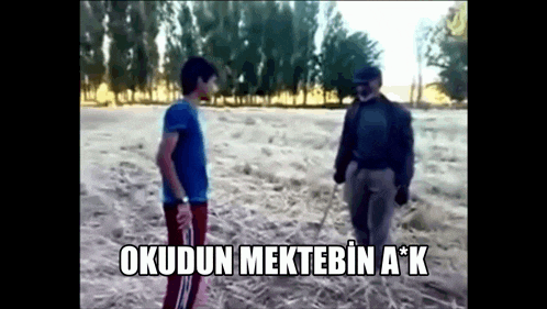 a man and a boy are standing in a field with the words okudun mektebin a * k above them