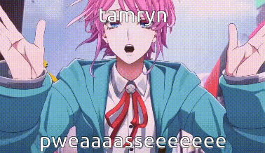 a girl with pink hair and a blue jacket is making a peace sign with her hands .