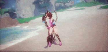 a girl with cat ears is standing on a sandy beach in a video game