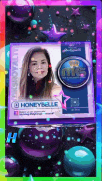 a picture of a woman named honeybelle is surrounded by balloons and stars