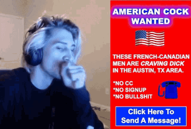 a man wearing headphones is next to a sign that says " american cock wanted "
