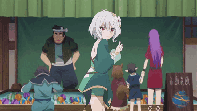 a group of anime characters are standing in front of a sign that says ' a '