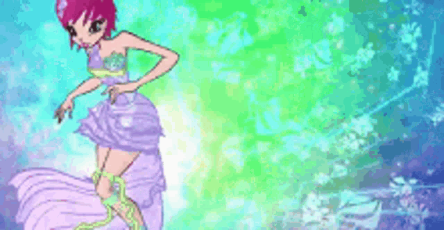 a cartoon girl in a purple dress is standing on a green background .