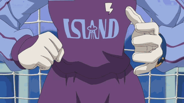 a person wearing a shirt that says island on it