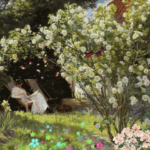 a painting of a woman sitting in a chair reading a book in a garden