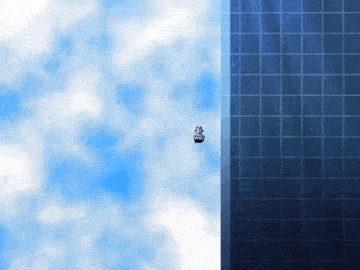 a video game character is flying through the air near a building