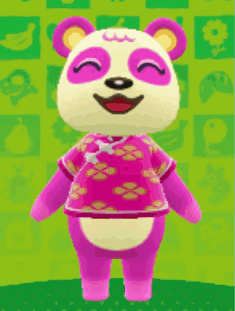 a pink and white animal crossing character with her eyes closed and a smile on her face