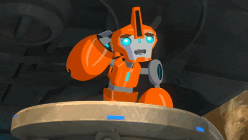 an orange robot with blue eyes is sitting on top of a round object
