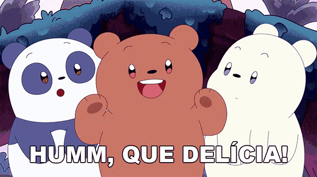 three cartoon bears are standing next to each other with the words humm que delicia below them