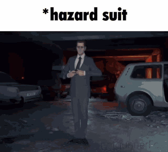 a man in a suit and tie is standing in front of a car with the words hazard suit written on the bottom