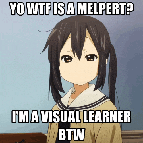 a picture of a girl with the words yo wtf is a melpert i 'm a visual learner btw on it
