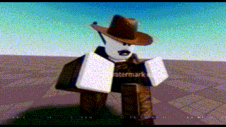 a roblox character is wearing a cowboy hat and holding a bag .