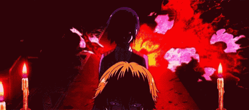 two anime characters are standing next to each other in front of a red background .