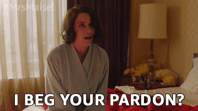 a woman sitting on a bed with the words " i beg your pardon " below her