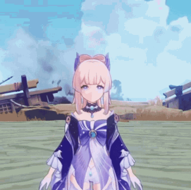 a girl in a purple dress is standing on a grassy field .