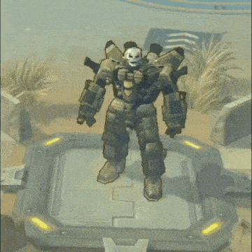 a robot with a skull on it 's head is standing on a platform