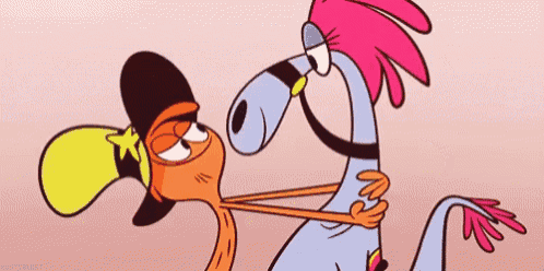 a cartoon character is hugging another cartoon character while wearing a hat .