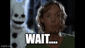 a man in a green shirt is standing in front of a snowman mascot and says `` wait '' .