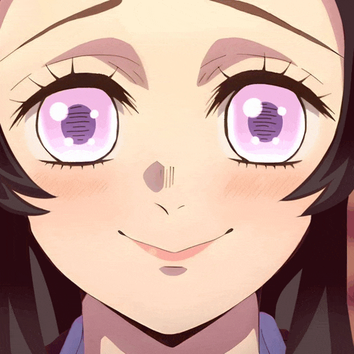 a close up of a girl with pink eyes