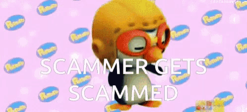 a cartoon penguin wearing a yellow helmet and goggles says scammer gets scammed