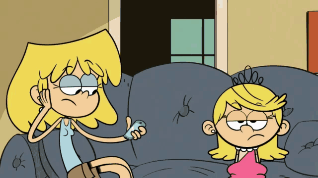 a cartoon of two girls sitting on a couch one holding a remote control