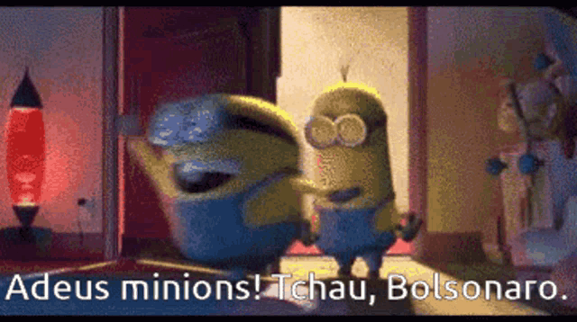 a couple of minions standing next to each other with the words " adeus minions " on the bottom