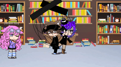 a girl with pink hair and a boy with purple hair are standing in front of a bookshelf