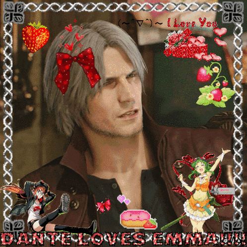 a picture of a man with a bow in his hair and the words " dante loves emma " on the bottom