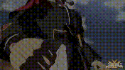 a cartoon character is holding a sword in his hand and standing in front of a cloudy sky .