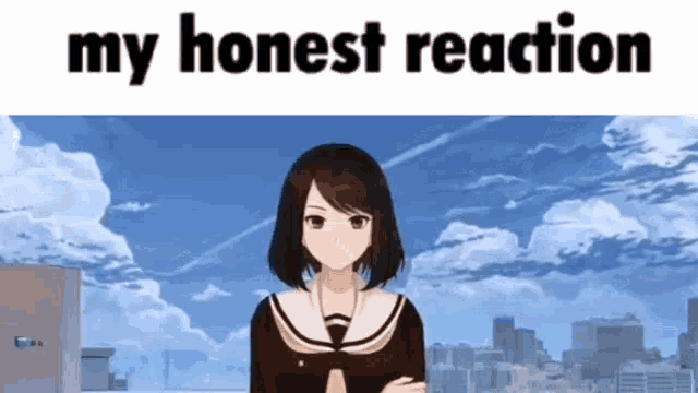 a girl in a school uniform is standing in front of a city with the words " my honest reaction " written above her