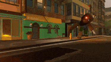 a cartoon character is walking down a street in front of a building that says peppajones