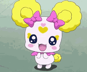 a pink and yellow cartoon character with a bow on her head