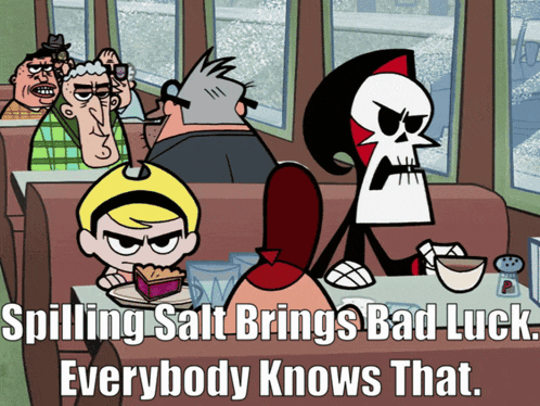 a cartoon of grim reaper sitting at a diner table with spilling salt brings bad luck