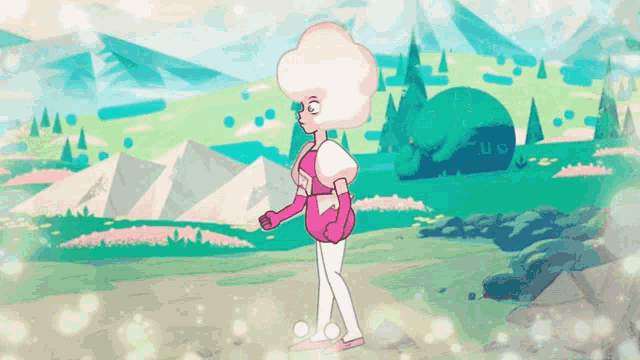 pink diamond from steven universe is walking in a field with mountains in the background