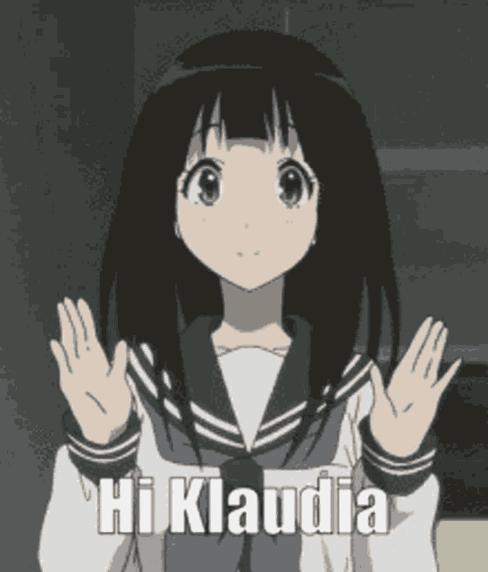 a girl in a school uniform says hi klaudia with her hands in the air