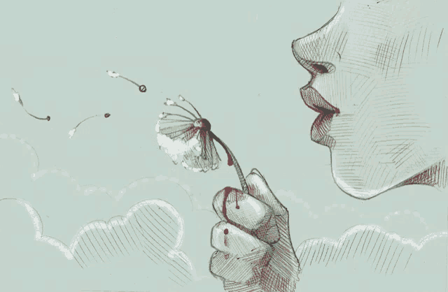 a drawing of a woman blowing a dandelion with blood coming out of her finger