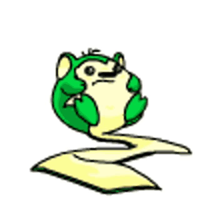 a green and yellow cartoon frog is sitting on top of a piece of paper .