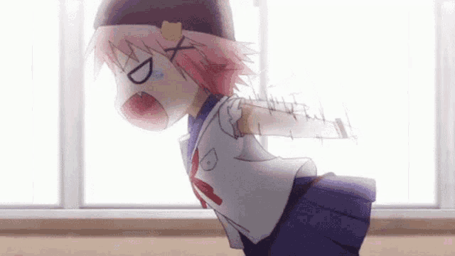a girl in a school uniform is standing in front of a window with her arms outstretched .