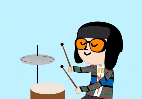 a cartoon of a person playing drums with the words ba dum tsss above