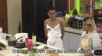 a man in a white dress says this is the last time i 'm gonna cook while standing in a kitchen
