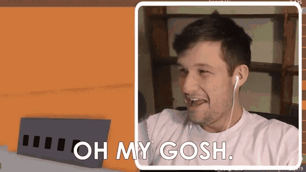 a man wearing ear buds says oh my gosh in front of an orange background