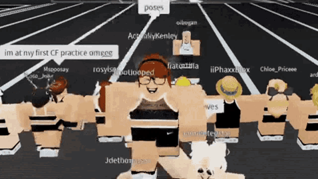 a group of roblox characters are standing in a parking lot and one of them says " poses "