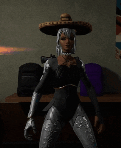 a cartoon character wearing a sombrero and a choker necklace