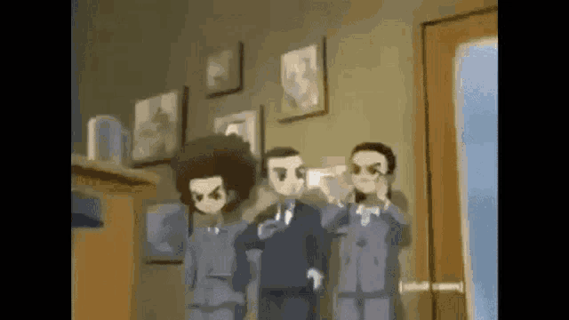 a group of cartoon characters are standing in a room with pictures on the wall .