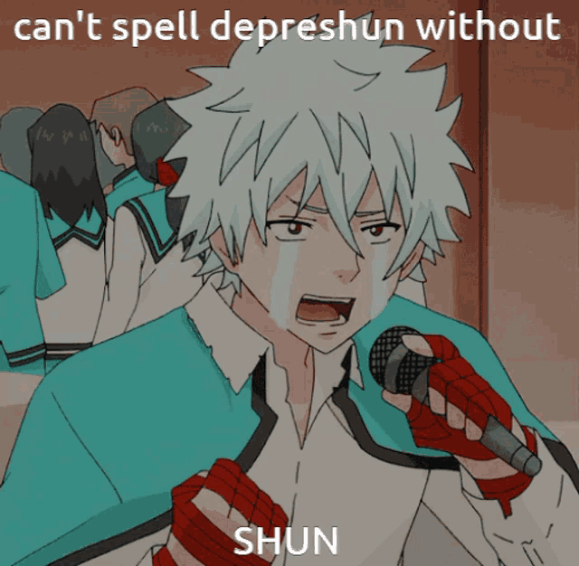 a cartoon of a boy singing into a microphone with the words can 't spell depreshun without shun below him