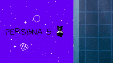 a purple background with the words persona 5 and a black object