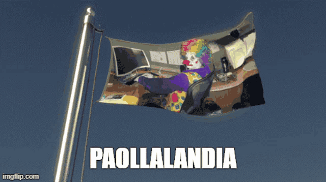 a flag with a picture of a clown on it and the word paollalandia